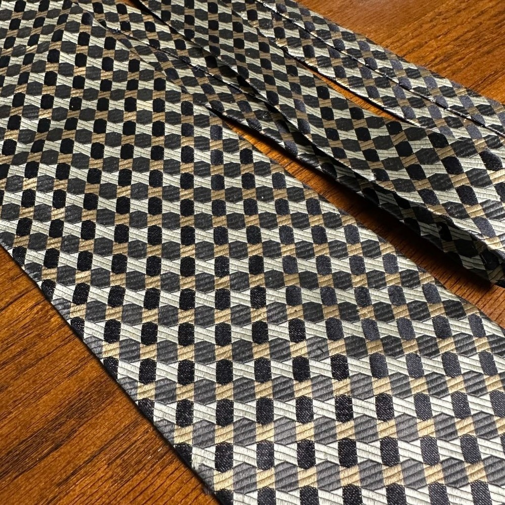 Valerio Garati 100% Silk Tie Geometric Black Gold Gray Handmade Necktie